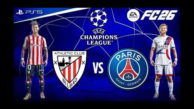 Cầu thủ của Athletic Bilbao áp sát cầu thủ của PSG trong một tình huống tranh chấp bóng. Cầu thủ của Athletic Bilbao áp sát cầu thủ của PSG trong một tình huống tranh chấp bóng.